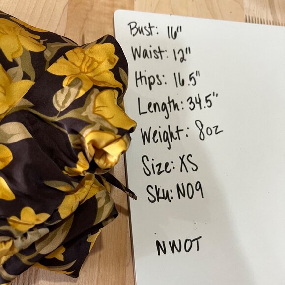 Floret Studios Floral Long Sleeve Ruched Square Neck Dress Yellow Brown XS NWOT - Picture 13 of 15